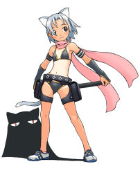 Rule 34 | 1girl, animal ears, armband, belt, bikini, black eyes, blush, cat, cat ears, cat tail, different shadow, elbow gloves, fantasy, fingerless gloves, full body, gloves, grey bikini, legs apart, one-piece tan, original, petite, pouch, scarf, shadow, shoes, short hair, simple background, sneakers, solo, source request, standing, swimsuit, tail, tan, tanline, wang-pac, white background, white hair