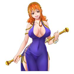 Rule 34 | 1girl, absurdres, alternate costume, bare shoulders, breasts, breasts apart, cleavage, clothing cutout, covered navel, curvy, dress, female focus, groin, hand up, happy, head tilt, highres, holding, holding behind back, holding staff, kerana art, large breasts, legs, long dress, long hair, lots of jewelry, matching hair/eyes, nami (one piece), nami (one piece) (post-timeskip), nami (one piece) (zou), official alternate costume, one piece, open mouth, orange eyes, orange hair, polearm, revealing clothes, shiny skin, short dress, side cutout, simple background, sleeveless, smile, solo, staff, standing, teeth, thighs, upper teeth only, very long hair, weapon, white background, wide hips