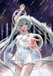 Rule 34 | 1girl, absurdres, aqua eyes, aqua hair, arm up, bare shoulders, breasts, bubble skirt, commentary, cowboy shot, detached sleeves, dress, hair ornament, hatsune miku, hatsune miku expo, highres, long hair, looking at viewer, map print, necktie, night, night sky, oohhya, outstretched arm, pleated dress, reaching, reaching towards viewer, shirt, shooting star, shoulder tattoo, silver dress, silver legwear, silver neckwear, silver sleeves, skirt, sky, sleeveless, sleeveless dress, sleeveless shirt, small breasts, solo, standing, star (sky), star (symbol), starry background, tattoo, thighhighs, twintails, very long hair, vocaloid, zettai ryouiki
