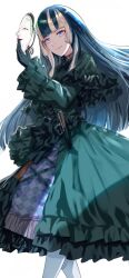 Rule 34 | 1girl, black gloves, black hair, blue eyes, choker, dress, folding fan, gloves, green dress, grey hair, hand fan, highres, holding, holding mask, hololive, hololive dev is, juufuutei raden, lace, lace choker, long hair, mask, multicolored hair, noh mask, smile, two-tone hair, uenoryoma, virtual youtuber, white background