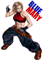 Rule 34 | 1girl, abs, baggy pants, bare shoulders, baryan, belt, blonde hair, blue eyes, blue mary, boots, character name, fatal fury, fighting stance, fingerless gloves, gloves, lipstick, makeup, midriff, muscular, pants, short hair, snk, solo, tank top, the king of fighters