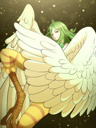 Rule 34 | 1girl, absurdres, ahoge, amearareeeeeeee, bird legs, commentary, feathered wings, feathers, green hair, harpy, highres, long hair, monet (one piece), monster girl, one piece, smile, solo, striped, talons, white wings, winged arms, wings, yellow eyes