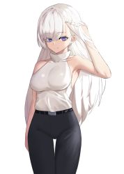 Rule 34 | 1girl, absurdres, armpits, azur lane, bare shoulders, belfast (azur lane), belt, black pants, blue eyes, braid, breasts, french braid, hand in own hair, highres, long hair, looking at viewer, lordol, medium breasts, pants, shirt, sleeveless, sleeveless shirt, smile, solo, white background, white hair, white shirt