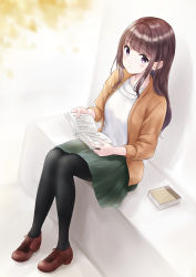 Rule 34 | 1girl, absurdres, autumn leaves, blush, book, brown hair, cardigan, free palet, highres, holding, holding book, knees together feet apart, loafers, long hair, long sleeves, looking at viewer, original, pantyhose, parted lips, pleated skirt, purple eyes, reading, shoes, sitting, skirt, solo, tareme