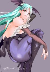 Rule 34 | 1girl, ass, backless leotard, bare shoulders, black footwear, black leotard, boots, breasts, bridal gauntlets, capcom, demon girl, demon wings, from behind, full body, green eyes, green hair, grey background, head wings, high heel boots, high heels, large breasts, leotard, long hair, looking at viewer, looking back, morrigan aensland, pantyhose, print pantyhose, purple pantyhose, rosie rosie, sideboob, simple background, solo, darkstalkers, wings