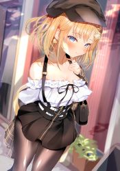 Rule 34 | 1girl, absurdres, bare shoulders, blonde hair, blue eyes, blush, breasts, cleavage, hair ornament, hat, highres, hololive, hololive english, large breasts, looking at viewer, niku (hamuchang), pantyhose, shirt, smile, solo, standing, virtual youtuber, watson amelia, watson amelia (street casual), white shirt