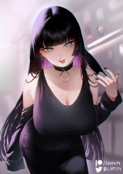 Rule 34 | 1girl, bare shoulders, black choker, black dress, black hair, blunt bangs, blush, bocchi the rock!, breasts, chin piercing, choker, cleavage, collarbone, colored inner hair, detached sleeves, dress, ear piercing, forked tongue, green eyes, highres, hime cut, large breasts, long hair, long sleeves, looking at viewer, multicolored hair, pa-san, piercing, purple hair, smile, solo, tongue, tongue out, zasshu