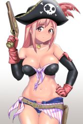 Rule 34 | 1girl, absurdres, alternate costume, antique firearm, bandeau, bare shoulders, belt, belt buckle, black hat, blush, breasts, buckle, cleavage, closed mouth, collarbone, commentary request, cowboy shot, dead or alive, dead or alive 6, denim, denim shorts, firearm, firelock, flintlock, gloves, gradient background, gun, hand on own hip, hand up, handgun, hat, highres, hiroyama (hpzg5374), holding, holding gun, holding weapon, honoka (doa), jewelry, large breasts, long hair, looking at viewer, midriff, navel, necklace, open clothes, open shorts, panties, panty peek, pink eyes, pink hair, pirate costume, pirate hat, red gloves, short shorts, shorts, simple background, skull, skull and crossbones, smile, solo, standing, stomach, thigh gap, underwear, weapon