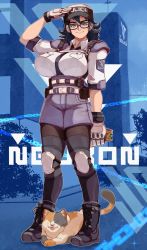 Rule 34 | 1girl, alternate breast size, astral chain, black hair, boots, breasts, brown hair, cat, full body, glasses, gloves, green eyes, hat, high-waist shorts, highres, huge breasts, knee pads, large breasts, leokingdom, marie wentz, mole, mole under eye, necktie, pantyhose, pet food, police, police hat, police uniform, policewoman, salute, short hair, shorts, smile, standing, uniform