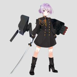 Rule 34 | 10s, 1girl, aiguillette, alternate costume, black coat, black footwear, boots, bow, buttons, cannon, coat, double-breasted, eight tohyama, full body, gloves, hair bow, high heel boots, high heels, kantai collection, katana, mechanical arms, military, military uniform, pink eyes, pink hair, ponytail, shiranui (kancolle), short hair, short ponytail, single mechanical arm, solo, sword, torpedo, turret, uniform, weapon, white gloves