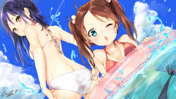 Rule 34 | 2girls, absurdres, adjusting clothes, adjusting swimsuit, bad id, bad pixiv id, bikini, black bikini, blue eyes, blue hair, breasts, brown hair, cleavage, cloud, cloudy sky, collarbone, day, dutch angle, hair bobbles, hair ornament, highres, innertube, long hair, looking at viewer, looking back, mismatched bikini, multiple girls, one eye closed, open mouth, original, outdoors, partially submerged, pomu (joynet), red bikini, side-tie bikini bottom, sideboob, signature, sky, small breasts, swim ring, swimsuit, transparent, twintails, wading, water, white bikini, yellow eyes