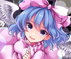 Rule 34 | 1girl, bad id, bad pixiv id, blue eyes, blue hair, bow, breasts, commentary request, dark background, dress, feathered wings, frills, fuyoyo, hair between eyes, hair bow, highres, index finger raised, looking at viewer, mai (touhou), medium breasts, medium hair, parted lips, pink bow, pink dress, simple background, smile, solo, touhou, touhou (pc-98), upper body, wings