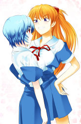 Rule 34 | 2girls, asymmetrical docking, ayanami rei, blue eyes, blue hair, breast press, clenched teeth, eye contact, fang, grin, hands on own hips, highres, long hair, looking at another, looking down, looking up, multiple girls, neck ribbon, neon genesis evangelion, oretoreon, red eyes, red hair, ribbon, school uniform, short hair, smile, souryuu asuka langley, standing, teeth