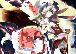 Rule 34 | 1girl, animal, creature, dress, female focus, furry, furry female, furry male, looking at viewer, mo, pants, puffy short sleeves, puffy sleeves, rabbit, red dress, red eyes, remilia scarlet, short hair, short sleeves, shunsei (muratou), silver hair, solo, touhou, white dress