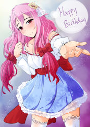 Rule 34 | 1girl, blouse, blue background, blue skirt, bow, female focus, flower, gradient background, guilty crown, hair bow, hair flower, hair ornament, happy birthday, highres, large bow, matching hair/eyes, off shoulder, outstretched hand, pink eyes, pink hair, purple background, shirt, skirt, smile, source request, thighhighs, white thighhighs, yokura (yukilina), yuzuriha inori