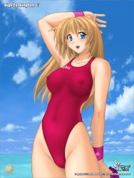 Rule 34 | 1girl, 2004, adidas, arm above head, asics, blonde hair, blue eyes, breasts, cameltoe, character request, cleft of venus, competition swimsuit, copyright request, covered erect nipples, covered navel, female focus, highleg, highleg swimsuit, large breasts, nyanko batake, ocean, one-piece swimsuit, outdoors, sky, solo, swimsuit, waist cutout, wristband