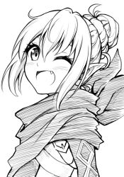 Rule 34 | 1girl, fang, fire emblem, fire emblem fates, hair bun, kana (female) (fire emblem), kana (fire emblem), looking at viewer, monochrome, nintendo, one eye closed, open mouth, scarf, simple background, smile, solo, ten (tenchan man), upper body, white background