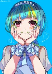 Rule 34 | 1girl, asahina (asahina 0428), blue background, blue hair, blunt bangs, closed mouth, commentary request, eyeshadow, facial mark, green eyeshadow, green hair, hands on own face, hands up, highres, looking at viewer, makeup, mika pikazo (style), multicolored hair, omega auru, omega auru (primagista), pretty series, puffy short sleeves, puffy sleeves, red eyes, short hair, short sleeves, simple background, solo, streaked hair, twitter username, upper body, waccha primagi!