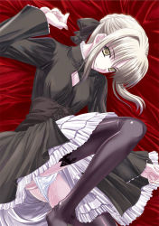 Rule 34 | 00s, 1girl, artoria pendragon (all), artoria pendragon (fate), ass, bed, black dress, black thighhighs, blonde hair, bow, breasts, cameltoe, cleavage, cleavage cutout, clothing cutout, corset, dress, fate/stay night, fate (series), frills, gothic lolita, hair bow, hair bun, head tilt, lolita fashion, lying, official alternate costume, on side, panties, panty pull, petticoat, pussy juice, q-gaku, saber (fate), saber alter, short hair, single hair bun, small breasts, solo, thighhighs, underwear, white hair, white panties, yellow eyes