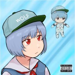Rule 34 | 1girl, album cover redraw, ayanami rei, baseball cap, blue background, blue hair, blue hat, character doll, commentary, derivative work, english commentary, expressionless, gradient background, hat, highres, looking to the side, neck ribbon, neon genesis evangelion, nvi2762, parental advisory, portrait, red eyes, red ribbon, ribbon, sailor collar, school uniform, short hair, solo, tokyo-3 middle school uniform, tyler the creator, white sailor collar