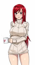 Rule 34 | 1girl, arms under breasts, black eyes, breasts, commentary, cowboy shot, cup, english commentary, erza scarlet, fairy tail, heart, heart print, large breasts, long hair, looking at viewer, red hair, ribbed sweater, smile, solo, sweater, thighs, turtleneck, turtleneck sweater, twrlare, very long hair, white sweater