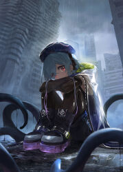 Rule 34 | 1boy, absurdres, androgynous, arknights, blue hair, building, cloud, cloudy sky, earrings, full body, highres, hugging own legs, jewelry, knees up, long hair, looking at viewer, male focus, mizuki (arknights), mo ne, night, night sky, on ground, outdoors, overcast, pantyhose, pantyhose under shorts, pink eyes, puddle, rain, ripples, shorts, sitting, sky, skyscraper, tentacles