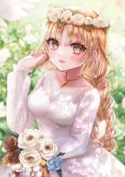 Rule 34 | 1girl, blonde hair, blush, bouquet, braid, braided ponytail, breasts, bride, brown eyes, cleavage, dress, flower, flower wreath, from above, head wreath, highres, holding, holding bouquet, jewelry, lace sleeves, light brown hair, long hair, long sleeves, looking at viewer, medium breasts, necklace, nijisanji, official alternate costume, official alternate hairstyle, open mouth, sakurazawa (sakuracandy123), see-through, see-through cleavage, single braid, sister claire, smile, solo, virtual youtuber, wedding dress, white dress