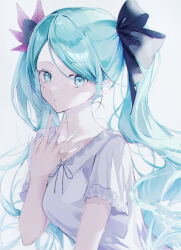 Rule 34 | 1girl, absurdres, black bow, blue eyes, blue hair, blue nails, bow, commentary, floating hair, hair bow, hatsune miku, highres, long hair, looking at viewer, nail polish, neck ribbon, parted bangs, parted lips, ribbon, saksak mocchiri, shirt, short sleeves, solo, supreme (module), twintails, upper body, vocaloid, white background, white shirt, world is mine (vocaloid)