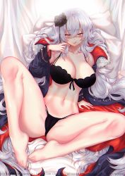 Rule 34 | 1girl, :q, azur lane, barefoot, black bra, black panties, bra, breasts, chie00chan, cleavage, coat, feet, flower, graf zeppelin (azur lane), groin, hair between eyes, hair flower, hair ornament, highres, large breasts, long hair, looking at viewer, navel, open clothes, open coat, panties, red eyes, seductive smile, silver hair, sitting, smile, solo, spread legs, stomach, thighs, toned, tongue, tongue out, underwear, very long hair