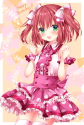 Rule 34 | 10s, 1girl, bare shoulders, blush, bow, breasts, clenched hands, cowboy shot, dress, english text, frilled shirt, frilled shirt collar, frilled skirt, frills, green eyes, hair bow, happy birthday, kurosawa ruby, looking at viewer, love live!, love live! school idol festival, love live! sunshine!!, medium breasts, musical note, necktie, nogi takayoshi, open mouth, orange background, pink bow, pink hair, pink necktie, pink skirt, pink thighhighs, polka dot, polka dot skirt, red hair, sash, scrunchie, shirt, short hair, skirt, sleeveless, sleeveless shirt, smile, solo, standing, thighhighs, twintails, two side up, white shirt, wing collar, wrist scrunchie, zettai ryouiki