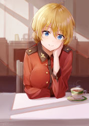 Rule 34 | 1girl, absurdres, blonde hair, blue eyes, blurry, blurry background, blush, braid, chair, closed mouth, commentary, cup, darjeeling (girls und panzer), dated, depth of field, elbow rest, epaulettes, girls und panzer, head rest, head tilt, highres, indoors, insignia, jacket, light blush, long sleeves, looking at viewer, military, military uniform, red jacket, saucer, short hair, skylight (user cdwe8882), smile, solo, st. gloriana&#039;s military uniform, steam, table, tea, teacup, twitter username, uniform