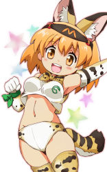 Rule 34 | 10s, 1girl, :d, animal ears, arm up, black hairband, blonde hair, blush, bow, bowtie, breasts, clenched hand, gloves, hairband, kemono friends, looking at viewer, medium breasts, midriff, navel, open mouth, serval (kemono friends), serval print, serval tail, short hair, smile, solo, star (symbol), tail, thighhighs, white background, white gloves, yellow bow, yellow bowtie, yellow eyes, zipang (zip@ng works)