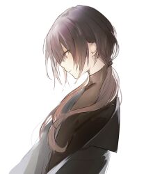 Rule 34 | 1girl, black hair, black jacket, black shirt, brown eyes, closed mouth, hair between eyes, hair over shoulder, jacket, long hair, looking away, looking down, low twintails, lpip, original, shirt, simple background, smile, solo, twintails, white background