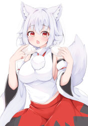 Rule 34 | 1girl, animal ear fluff, animal ears, breasts, commentary request, detached sleeves, fang, food, hair flaps, holding, holding food, inubashiri momiji, large breasts, looking at viewer, open mouth, pom pom (clothes), red eyes, red skirt, rururiaru, short hair, sideboob, simple background, skin fang, skirt, solo, tail, touhou, white background, white hair, wide sleeves, wolf ears, wolf girl, wolf tail