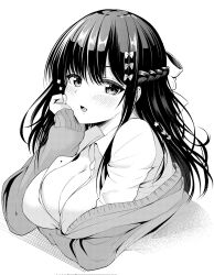 Rule 34 | 1girl, blush, bow, braid, breasts, cleavage, close-up, collared shirt, corrupted twitter file, fang, greyscale, hair bow, hair ornament, hand on own cheek, hand on own face, heart, heart hair ornament, highres, large breasts, long hair, monochrome, open mouth, original, partially unbuttoned, ryopa, shirt, skin fang, solo, star (symbol), star hair ornament, sweater