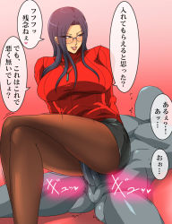 Rule 34 | 1girl, black hair, blush, breasts, capcom, censored, faceless, faceless male, femdom, glasses, greco roman (spiral brain), grinding, heart, jewelry, justice gakuen, large breasts, crossed legs, long hair, minazuki kyouko, naughty face, necklace, pantyhose, partially translated, pencil skirt, penis, ribbed sweater, school nurse, sitting, skirt, smile, spoken heart, sweater, teasing, thigh sex, thighs, translation request, turtleneck