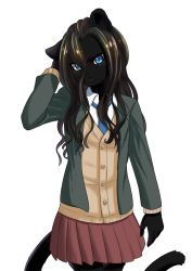 Rule 34 | 1girl, black cat, blue eyes, brown hair, cat, copyright request, female focus, furry, furry female, highres, kuro cl, long hair, school uniform, simple background, solo, white background