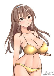 Rule 34 | 1girl, ashigara (kancolle), bikini, breasts, brown eyes, brown hair, cleavage, commentary request, cowboy shot, dated, gold bikini, groin, hairband, kantai collection, large breasts, long hair, shiromaru (maniado), simple background, solo, twitter username, wavy hair, white background, white hairband
