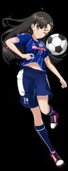 Rule 34 | 10s, 1girl, ball, black hair, blue shorts, blue socks, blush, brown eyes, cleats, clenched teeth, clothes writing, emblem, full body, girls und panzer, highres, j. league, jersey, kneehighs, leg up, long hair, mito hollyhock, navel, nishi kinuyo, one eye closed, parted lips, pink footwear, shiny skin, shoes, short sleeves, shorts, simple background, soccer, soccer ball, soccer uniform, socks, solo, sportswear, stomach, teeth, transparent background, waifu2x, white background