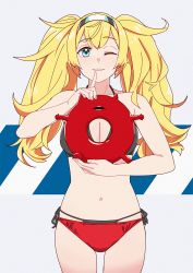 Rule 34 | 1girl, aqua eyes, bare arms, bare shoulders, bikini, bikini bottom only, black bikini, blonde hair, blush, breasts, cleavage, commentary request, cowboy shot, enemy lifebuoy (kancolle), film grain, finger to mouth, gambier bay (kancolle), grey background, hairband, index finger raised, kantai collection, large breasts, layered bikini, looking at viewer, multi-strapped bikini, multicolored hairband, navel, ojipon, one eye closed, parted bangs, parted lips, red bikini, side-tie bikini bottom, solo, swimsuit, thigh gap, twintails, two-tone background