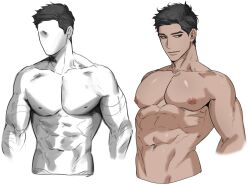 Rule 34 | 1boy, abs, alexlove6041, bara, before and after, coloring practice, cropped torso, faceless, faceless male, greyscale, highres, how to, large pectorals, looking to the side, male focus, monochrome, muscular, muscular male, navel, nipples, nude, original, pectorals, shiny skin, short hair, sideburns, stomach, thick eyebrows