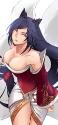 Rule 34 | 1girl, ahri (league of legends), animal ears, bad id, bad pixiv id, bare shoulders, bell, black hair, breasts, cleavage, detached sleeves, downblouse, facial mark, fox ears, fox tail, fullluv, korean clothes, large breasts, league of legends, legs, long hair, multiple tails, solo, tail, thighs, very long hair, whisker markings, yellow eyes