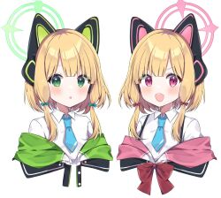 Rule 34 | 2girls, :o, animal ear headphones, animal ears, blue archive, blue necktie, blush, cat ear headphones, fake animal ears, green eyes, halo, headphones, highres, looking at viewer, midori (blue archive), momoi (blue archive), multiple girls, murase48, necktie, open mouth, pink eyes, shirt, siblings, simple background, sisters, twins, upper body, white background, white shirt
