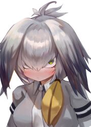 Rule 34 | 1girl, blonde hair, blush, breasts, closed mouth, collared shirt, commentary, dokomon, green eyes, grey hair, grey shirt, hair between eyes, highres, kemono friends, long hair, looking at viewer, medium breasts, necktie, shirt, shoebill (kemono friends), short sleeves, simple background, solo, sweat, symbol-only commentary, upper body, white background, white necktie