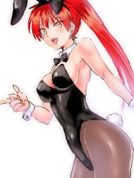 Rule 34 | 1girl, :d, akabane karma, animal ears, ansatsu kyoushitsu, black bow, black bowtie, black leotard, black pantyhose, bow, bowtie, breasts, cleavage, cowboy shot, detached collar, fake animal ears, from side, genderswap, genderswap (mtf), leaning forward, leotard, long hair, looking at viewer, medium breasts, open mouth, pantyhose, playboy bunny, ponytail, rabbit ears, rabbit tail, red hair, rinoko, smile, solo, standing, strapless, strapless leotard, tail, wrist cuffs, yellow eyes