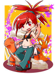 Rule 34 | 1girl, :d, autumn leaves, bandeau, bare arms, bare shoulders, black footwear, blue pants, blush, breasts, cleavage, closed eyes, commentary request, creatures (company), crop top, flannery (pokemon), full body, game freak, gen 2 pokemon, gen 3 pokemon, gym leader, head tilt, leaf, maple leaf, midriff, naga u, navel, nintendo, open mouth, pants, poke ball, poke ball (basic), pokemon, pokemon (creature), pokemon oras, red bandeau, red eyes, red hair, shoes, slugma, small breasts, smile, smoke, standing, standing on one leg, torkoal, v-shaped eyebrows, yellow eyes