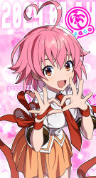 Rule 34 | 1girl, ahoge, aino heart, arcana heart, arm ribbon, artist logo, breasts, brown eyes, collared shirt, commentary request, cowboy shot, dated, faco, hands up, heart, heart ahoge, heart background, heart hands, highres, leaning forward, long ribbon, looking at viewer, medium breasts, necktie, open mouth, orange skirt, pink background, pink hair, red necktie, red ribbon, ribbon, shirt, short hair, short sleeves, skirt, smile, solo, sparkle, standing, twitter username, white shirt