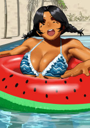 Rule 34 | 1girl, arung samudra (cessa), bikini, bikini top only, black hair, braid, breasts, cessa, cleavage, closed eyes, dark-skinned female, dark skin, innertube, large breasts, ombok diving and delivery services, open mouth, plant, shadow, solo, swim ring, swimsuit, tree, twin braids, twintails, water