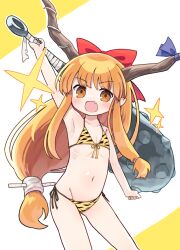 Rule 34 | 1girl, animal print, blue ribbon, blush, bow, club, club (weapon), collarbone, commentary request, fang, groin, hair bow, holding, holding weapon, horn ornament, horn ribbon, horns, ibuki suika, kanabou, kibisake, long hair, navel, oni horns, open mouth, orange eyes, orange hair, partial commentary, red bow, ribbon, sidelocks, smile, solo, sparkle, tiger print, touhou, weapon