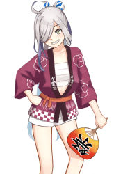 Rule 34 | ahoge, asashimo (kancolle), feet out of frame, gradient hair, grey eyes, grey hair, grin, hair over one eye, hand fan, hand on own hip, happi, highres, japanese clothes, kantai collection, long hair, multicolored hair, official alternate costume, paper fan, ponytail, porupurucha, sarashi, sharp teeth, shorts, simple background, smile, teeth, uchiwa, white background, white shorts